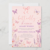 pink Butterfly Kisses ribbon bow baby shower 招待状 (正面)