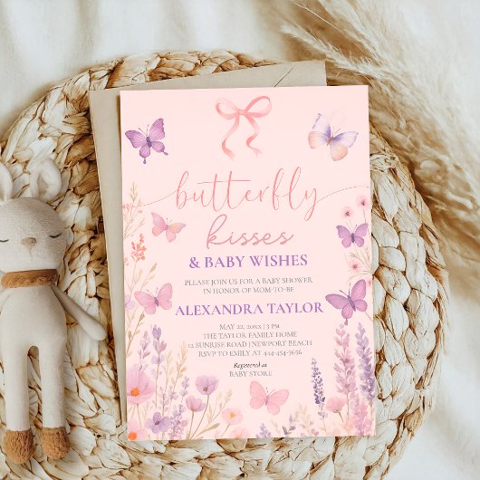 pink Butterfly Kisses ribbon bow baby shower 招待状