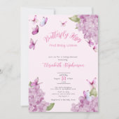 Pink Butterfly Kisses Watercolor Baby Shower 招待状 (正面)