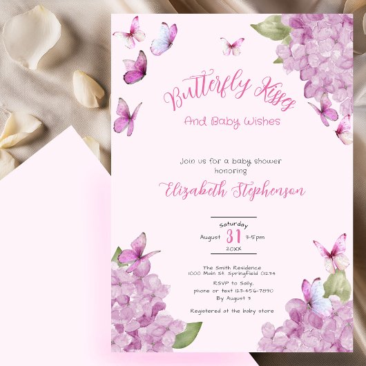 Pink Butterfly Kisses Watercolor Baby Shower 招待状