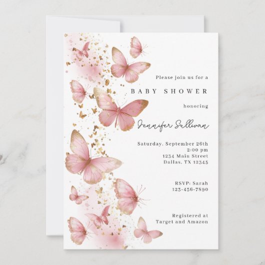 Pink Butterfly Minimalist Baby Shower Invitation 招待状 (正面)