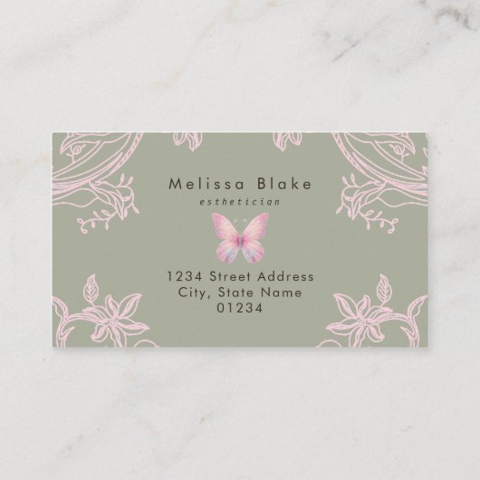 pink butterfly on sage green background 名刺 (裏面)