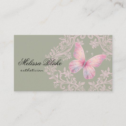 pink butterfly on sage green background 名刺 (正面)