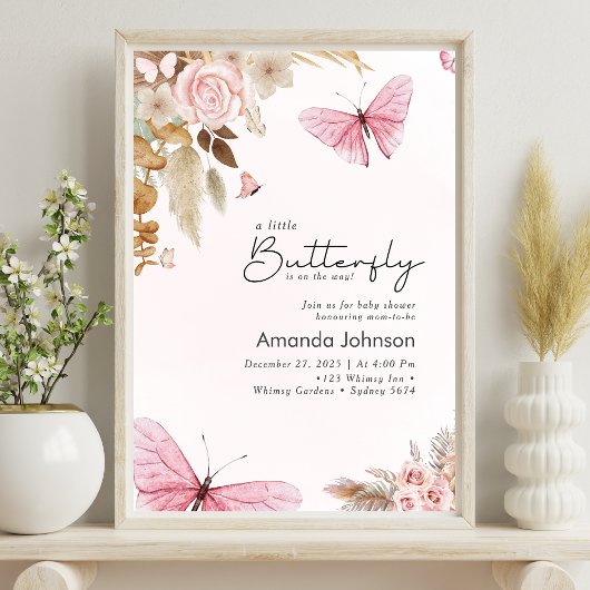 Pink Butterfly Pampas Grass Bohemian Baby Shower  ポスター