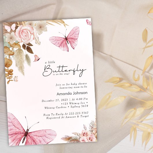 Pink Butterfly Pampas Grass Bohemian Baby Shower  招待状