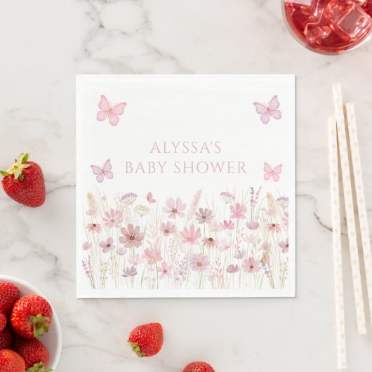 Pink Butterfly Wildflowers Baby Shower スタンダードランチョンナプキン (インサイチュ)