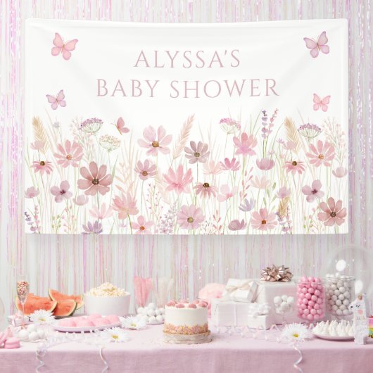 Pink Butterfly Wildflowers Baby Shower 横断幕 (パーティー)