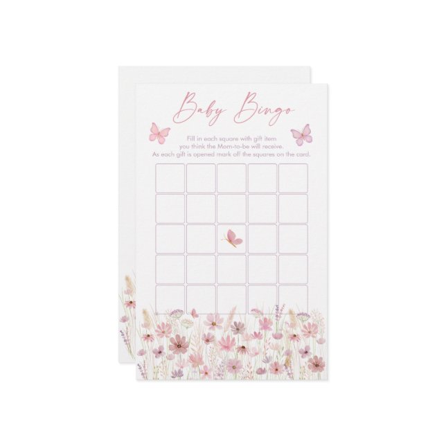 Pink Butterfly Wildflowers Baby Shower Bingo Game (正面/裏面インサイチュ)