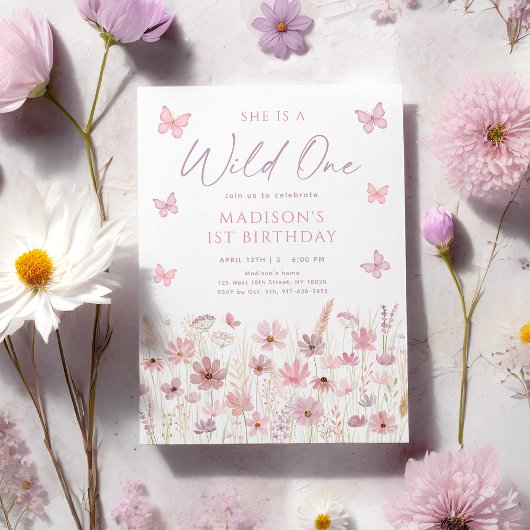 Pink Butterfly Wildflowers First Birthday 招待状