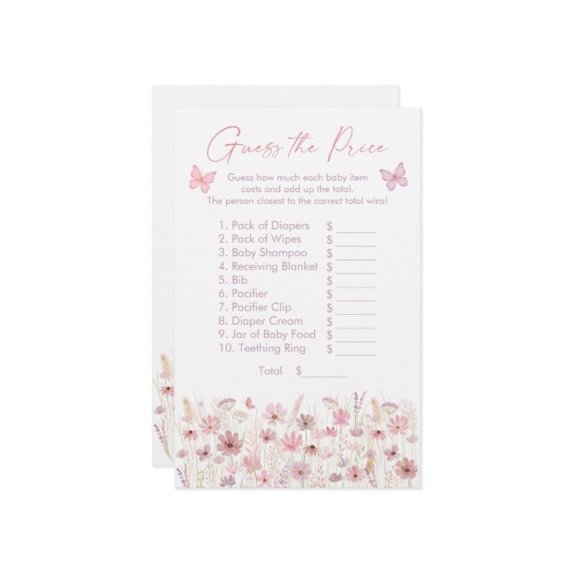 Pink Butterfly Wildflowers Guess the Price Game (正面/裏面インサイチュ)