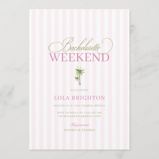 Pink Cabana Stripe Palm Beach Bachelorette Party 招待状 (正面)