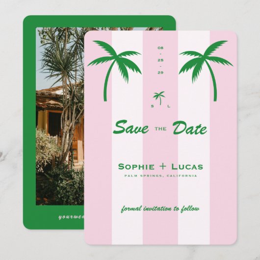 Pink Cabana Stripes Palm Tree Monogram Wedding セーブザデート (正面/裏面)