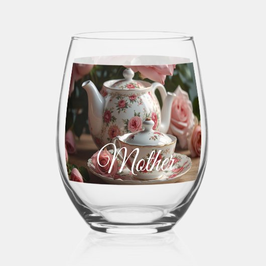 Pink Cabbage Rose Tea ステムなしワイングラス (正面)