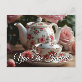 Pink Cabbage Rose Tea  Invitation Postcard インビテーションポストカード