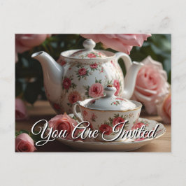 Pink Cabbage Rose Tea  Invitation Postcard インビテーションポストカード