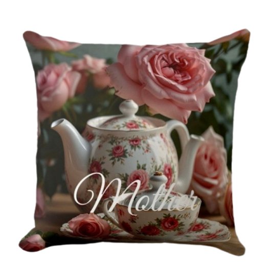 Pink Cabbage Rose Tea Throw Pillow クッション