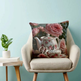 Pink Cabbage Rose Tea Throw Pillow クッション