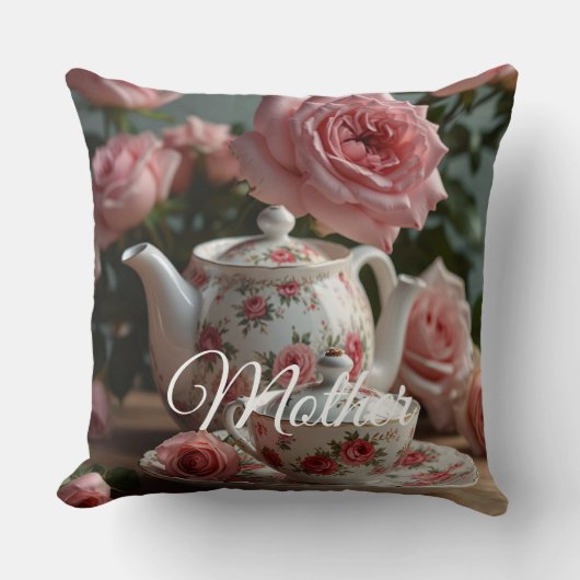 Pink Cabbage Rose Tea Throw Pillow クッション (正面)