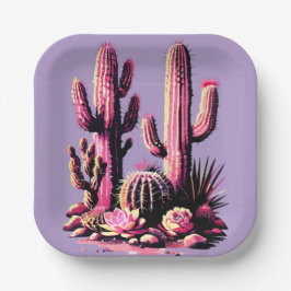 Pink Cacti Batch-Light Purple Background ペーパープレート