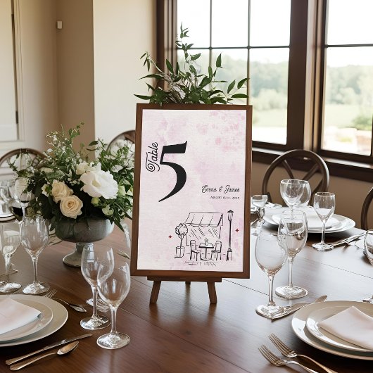 Pink Café Sketch Wedding Reception Table Number サンキューカード