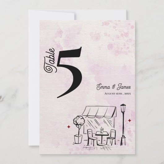 Pink Café Sketch Wedding Reception Table Number サンキューカード (正面)