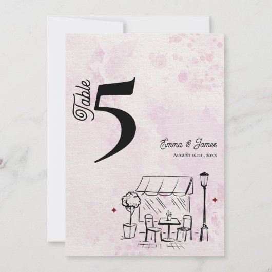 Pink Café Sketch Wedding Reception Table Number サンキューカード (裏面)