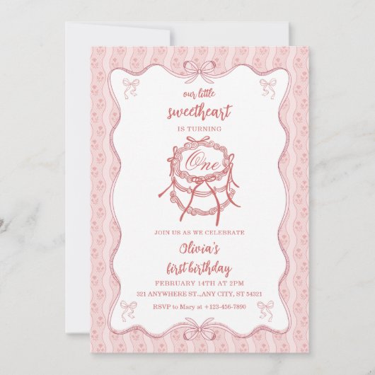 Pink Cake Sweetheart First Birthday 招待状 (正面)