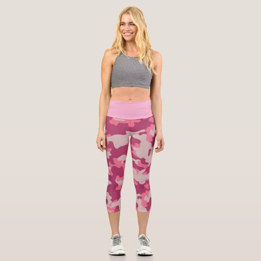 Pink Camo Pattern High Waisted Capris カプリレギンス (正面)