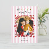 Pink Candy Stripes Merry Christmas Photo シーズンカード (スタンド正面)