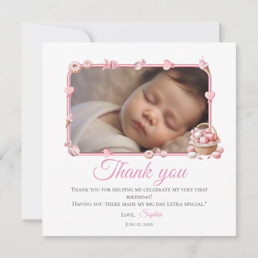 Pink Candyland 1st Birthday Thank You Card サンキューカード (正面)