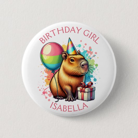  Pink Capybara Themed Birthday Girl Personalized 缶バッジ (正面)