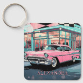Pink Car 1950s Diner Retro Mid‑Century Custom キーホルダー (正面)