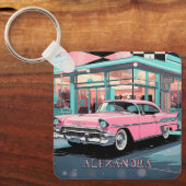 Pink Car 1950s Diner Retro Mid‑Century Custom キーホルダー (正面)