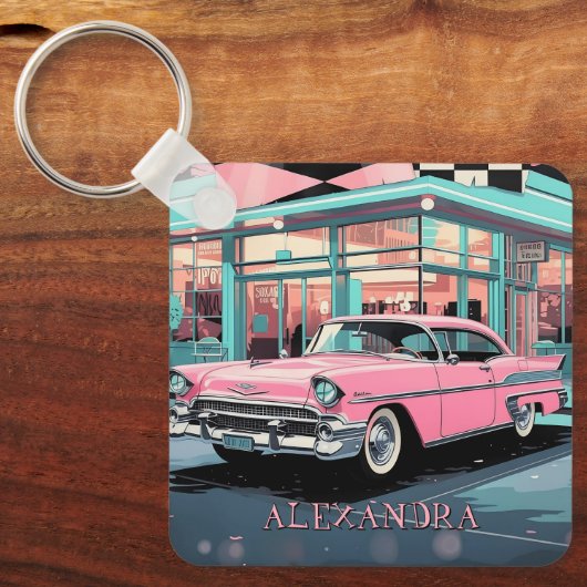 Pink Car 1950s Diner Retro Mid‑Century Custom キーホルダー (正面)