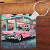 Pink Car 1950s Diner Retro Mid‑Century Custom キーホルダー (裏面)