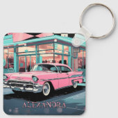Pink Car 1950s Diner Retro Mid‑Century Custom キーホルダー (裏面)