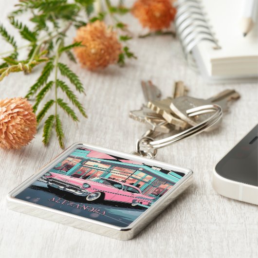 Pink Car 1950s Diner Retro Mid‑Century Custom キーホルダー (側面)