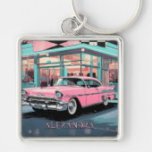 Pink Car 1950s Diner Retro Mid‑Century Custom キーホルダー (正面)