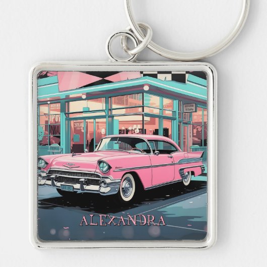 Pink Car 1950s Diner Retro Mid‑Century Custom キーホルダー (正面)