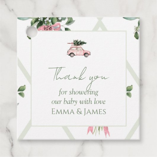 Pink Car Christmas Tree Square Gift Tag フェイバータグ (正面)