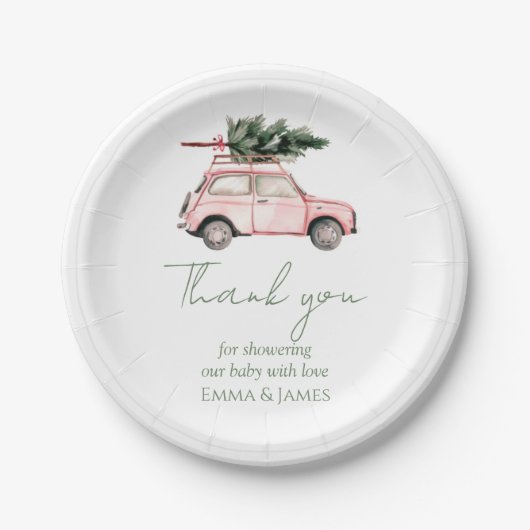 Pink Car Christmas Watercolor Holiday Paper Plates ペーパープレート (正面)