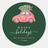 Pink Car Happy Holiday Script Round Sticker ラウンドシール (正面)