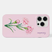 Pink Carnation Botanical Watercolor Custom Name iPhoneケース (裏面横)