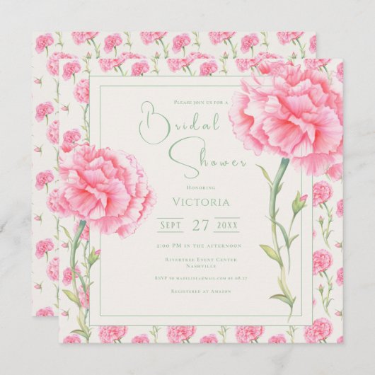 Pink Carnation Floral Bridal Shower Invitation (正面/裏面)
