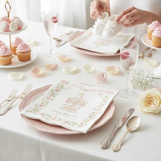 Pink Carousel Floral Baby Shower Paper Napkins スタンダードカクテルナプキン
