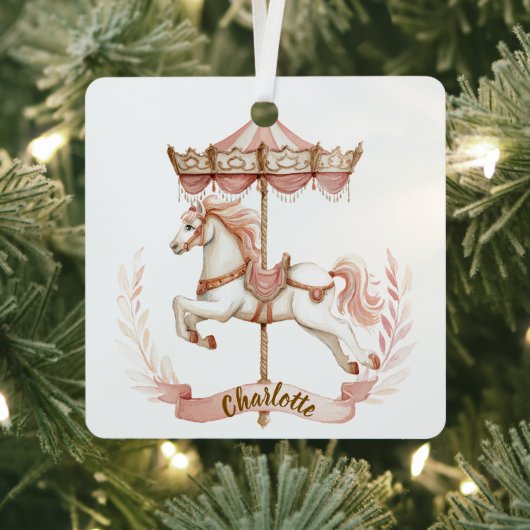 Pink Carousel Personalized Name Christmas Ornament メタルオーナメント (インサイチュ)