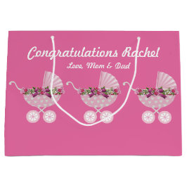 Pink Carriage Girl Baby Shower 12.5” l x 4” w x 9” ラージペーパーバッグ