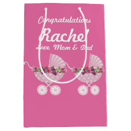 Pink Carriage Girl Baby Shower 7” l x 4.5” w x 10” ミディアムペーパーバッグ