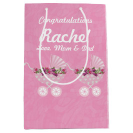 Pink Carriage Girl Baby Shower 7” l x 4.5” w x 10” ミディアムペーパーバッグ