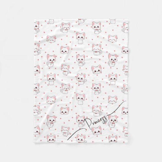 Pink Cartoon Cat Pattern with Stars and Pet Name  フリースブランケット (正面)